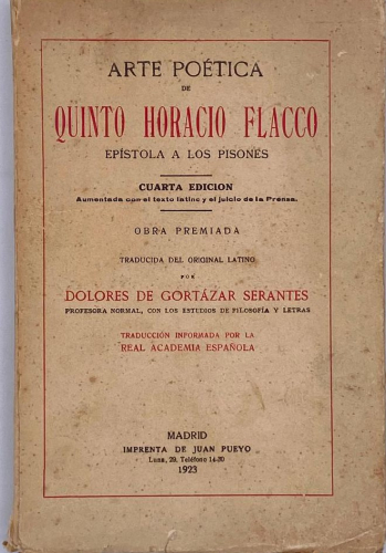 Portada del libro de ARTE POÉTICA DE QUINTO HORACIO FLACCO, EPÍSTOLA A LOS PISONES