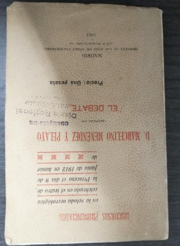 Portada del libro de DISCURSOS PRONUNCIADOS EN LA VELADA NECROLÓGICA CELEBRADA EN HONOR DE D
