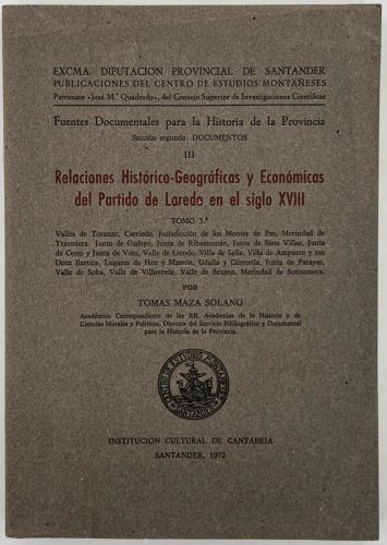 Portada del libro de Relaciones Histórico-Geográficas y Económicas del Partido de Laredo en el siglo XVIII Tomo 3º