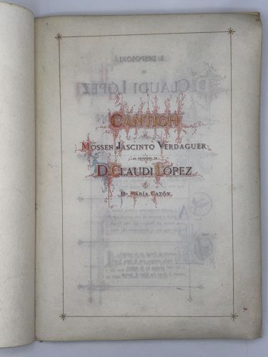 Book cover from “CANTICH / CÀNTIC”, “MOSSEN JASCINTO VERDAGUER”  “CLAUDI/CLAUDIO LÓPEZ” y “D. MARIA  CAYÓN