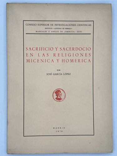 Portada del libro de 
Sacrificio y sacerdocio en las religiones micenica y homerica.