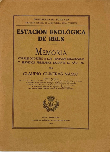 Portada del libro de ESTACIÓN ENOLÓGICA DE REUS. CLAUDIO OLIVERAS MASSÓ